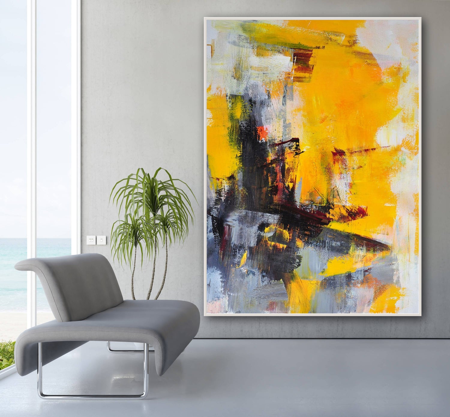 Vibrant handmade abstract painting in yellow and black, showcased in a modern living space.