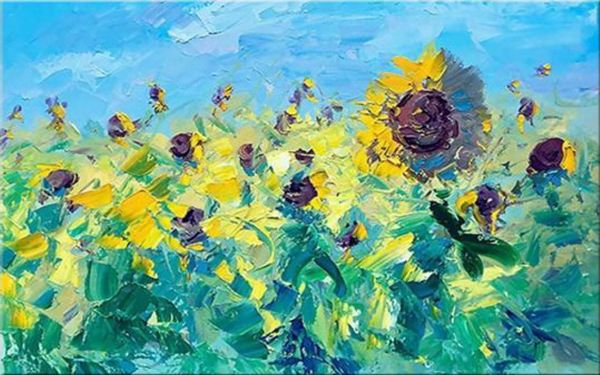 Hand-painted sunflower field wall art by Kline Collective, vibrant colors on museum-quality canvas.
