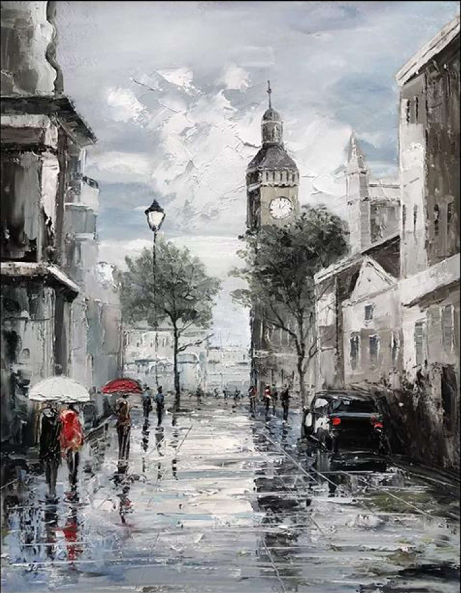 Rainy street scene with clock tower, people walking under umbrellas in an impressionist style painting. Nuovi arrivi