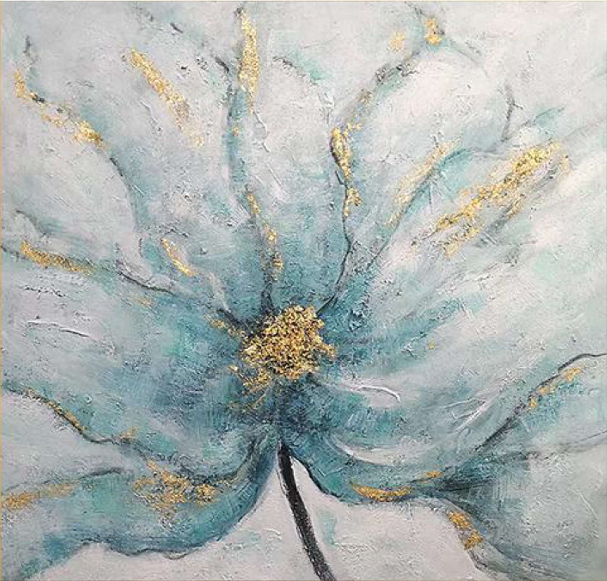 Abstract artwork of a delicate blue flower with gold accents, evoking elegance and sophistication.