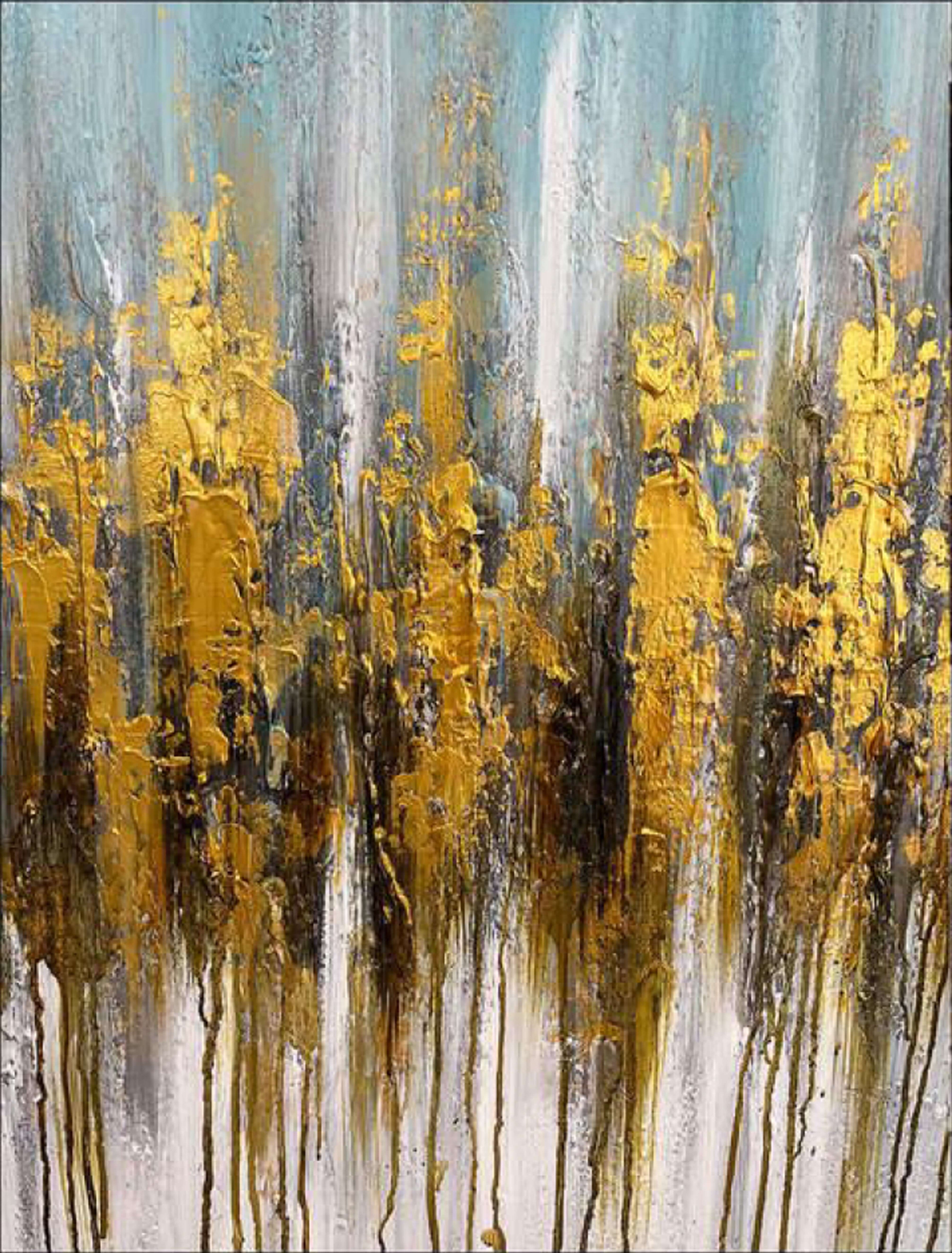 Abstract gold and teal hand-painted wall art, featuring a vibrant texture to elevate any space.