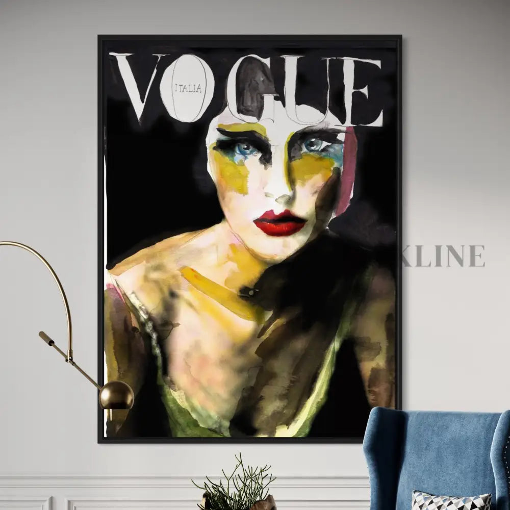 The 8 Vogue framed cover features an abstract painting of a woman with bold red lips and striking eyes against a black background. This contemporary art piece is elegantly displayed near a blue chair and plant, encapsulating high fashions essence.