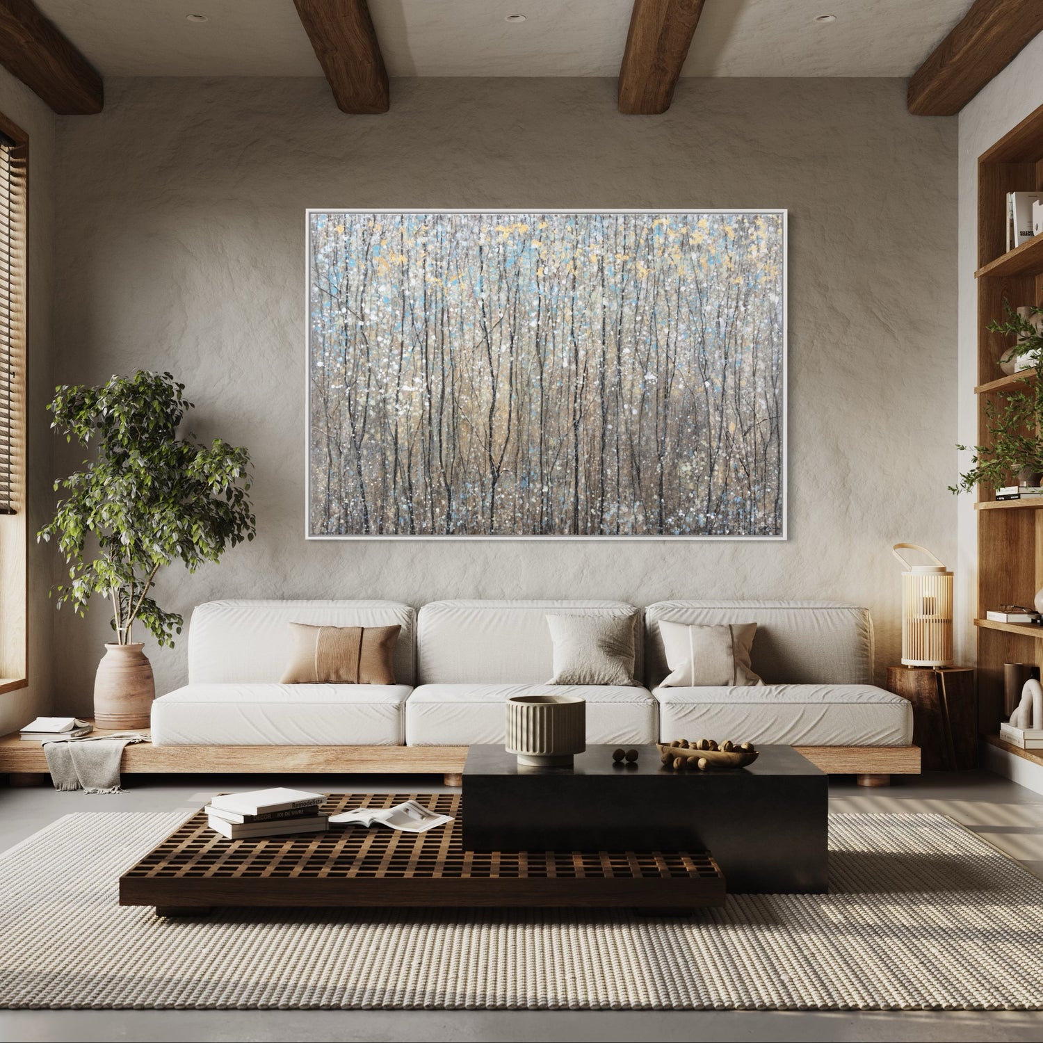 Euphony abstract artwork showcasing vibrant colors of springtime nature in a modern living room setting. Dining Room Wall Art