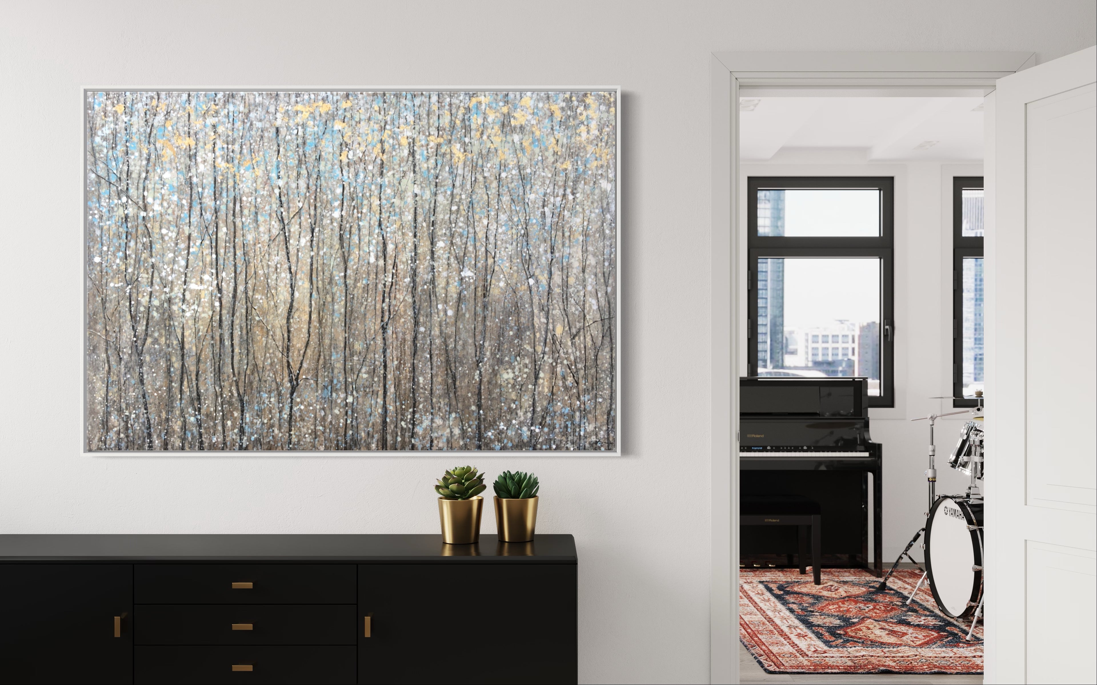 Framed abstract artwork of a spring forest hanging in a modern living room, featuring vibrant colors and lively composition.