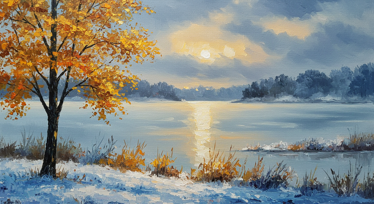 Golden Sentinels by the Frozen Mirror - Hand Painting