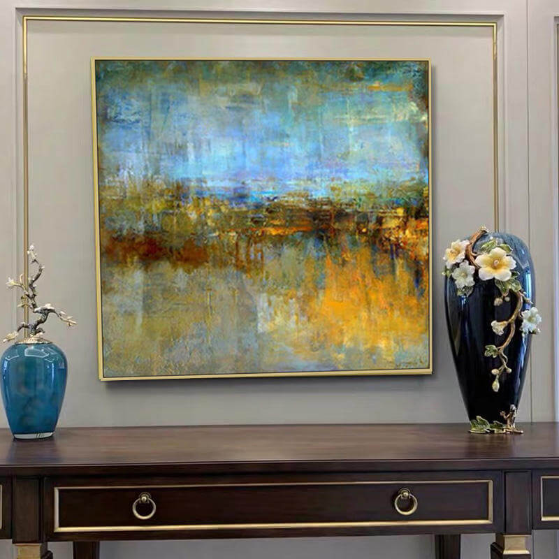 Abstract Gold and Blue Square Wall Art & Paintings