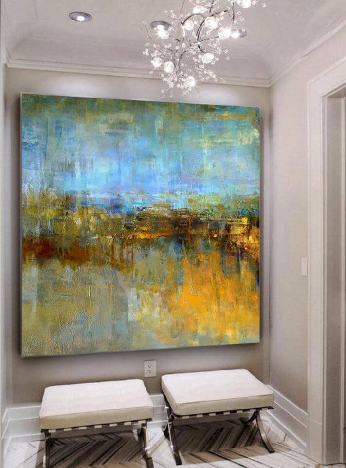 Abstract Gold and Blue Square Wall Art & Paintings