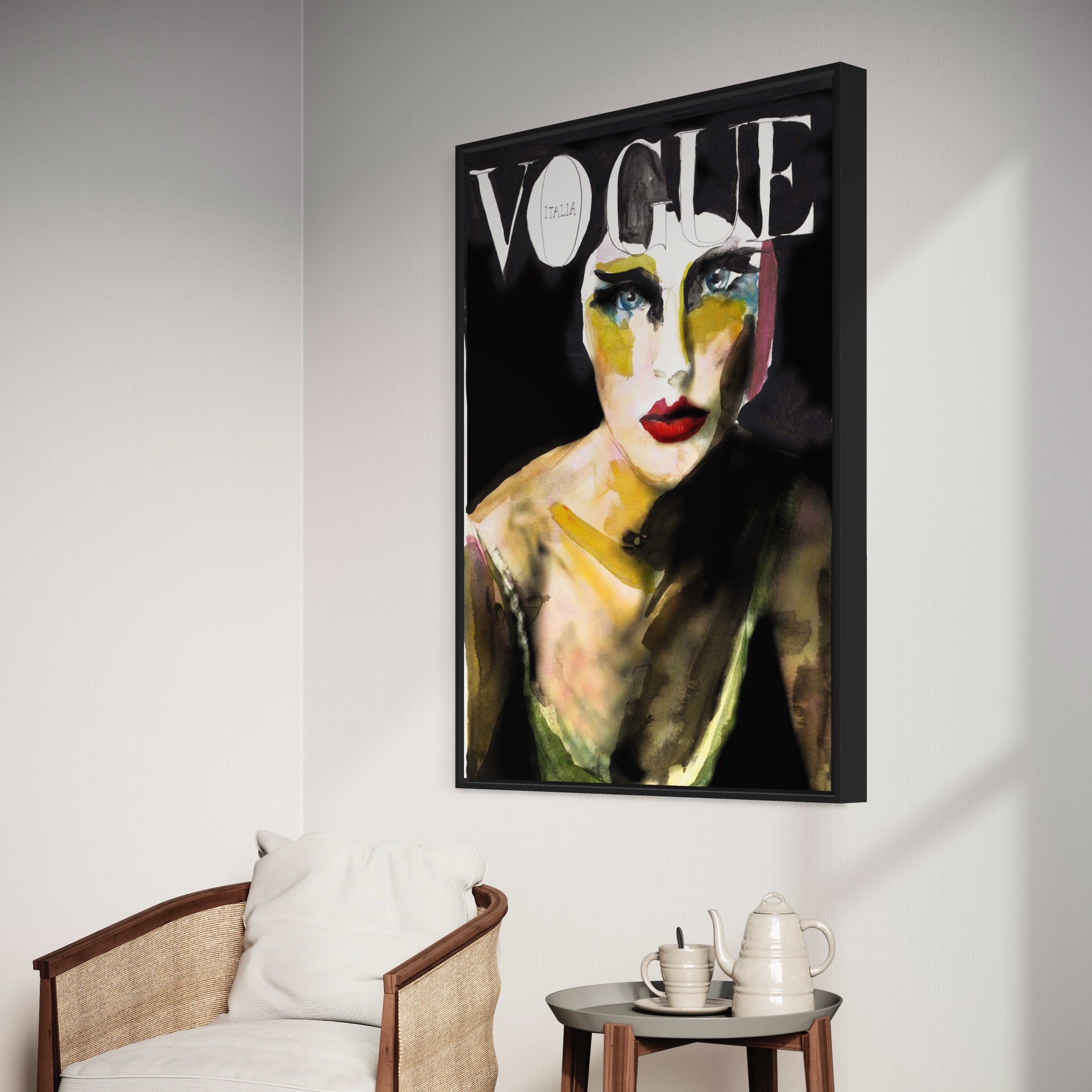 A stylish room features the 8 Vogue hand-painted art of a woman on a dark background. Below, a wooden chair with a cushioned seat completes the contemporary look next to a small table holding a teapot and cup.