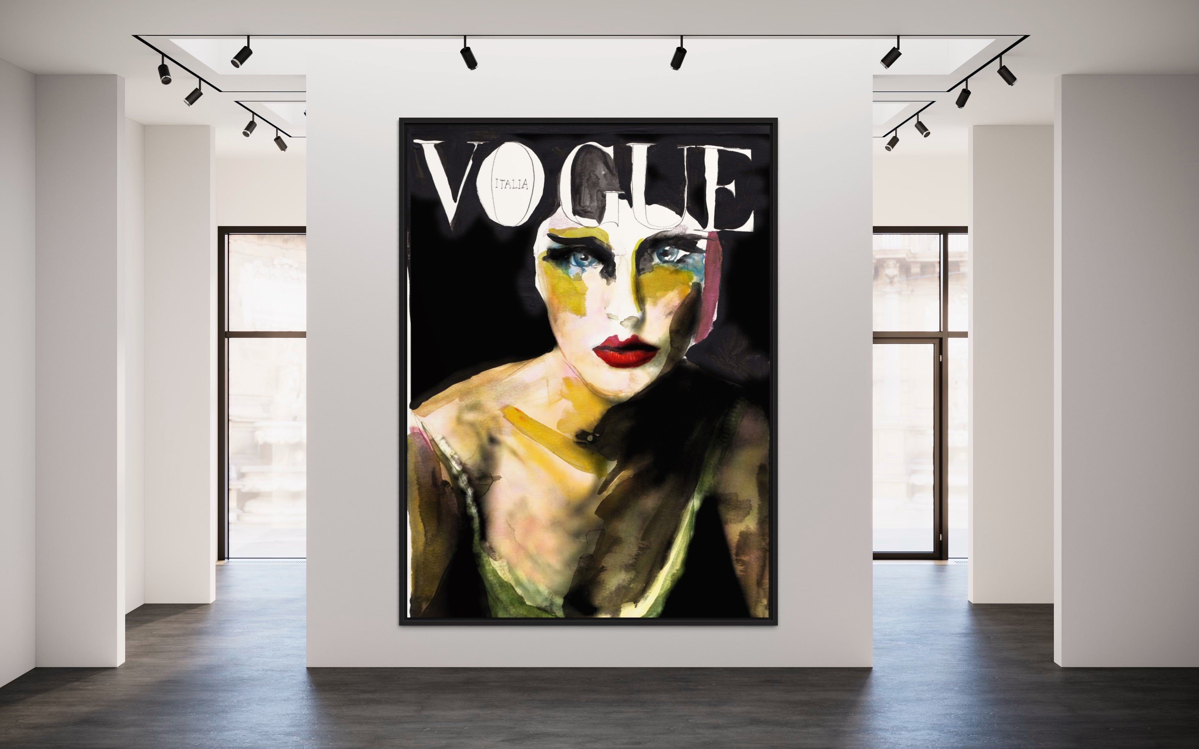 The gallery features 8 Vogue, a large painting of a woman with high fashion makeup, the word VOGUE above vibrant colors on a dark backdrop. Contemporary track lighting strikingly highlights this modern art piece.