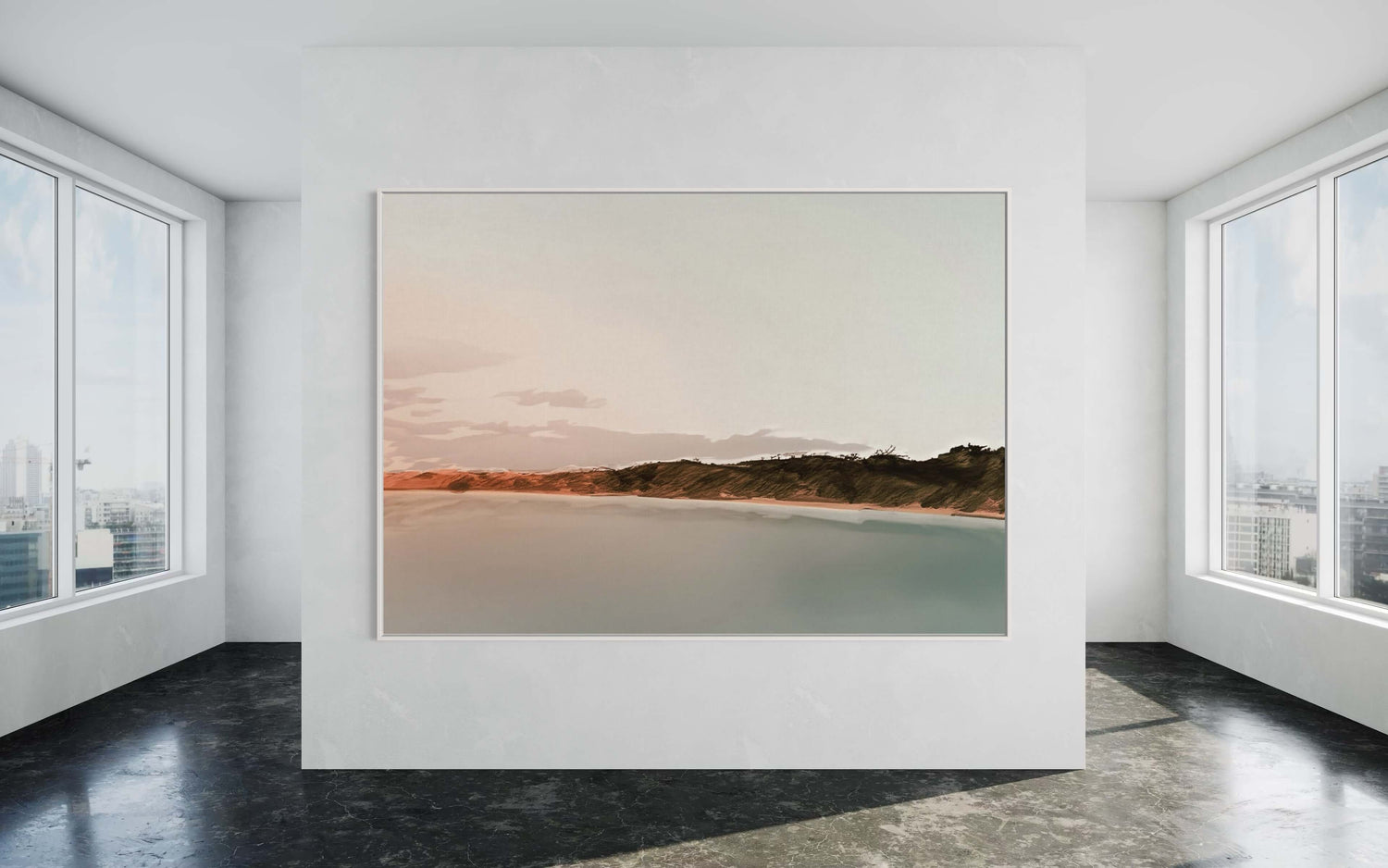 Muirs Beach custom size hand-painted wall art by Amanda Bosveld in modern room with large windows. Dining Room Wall Art