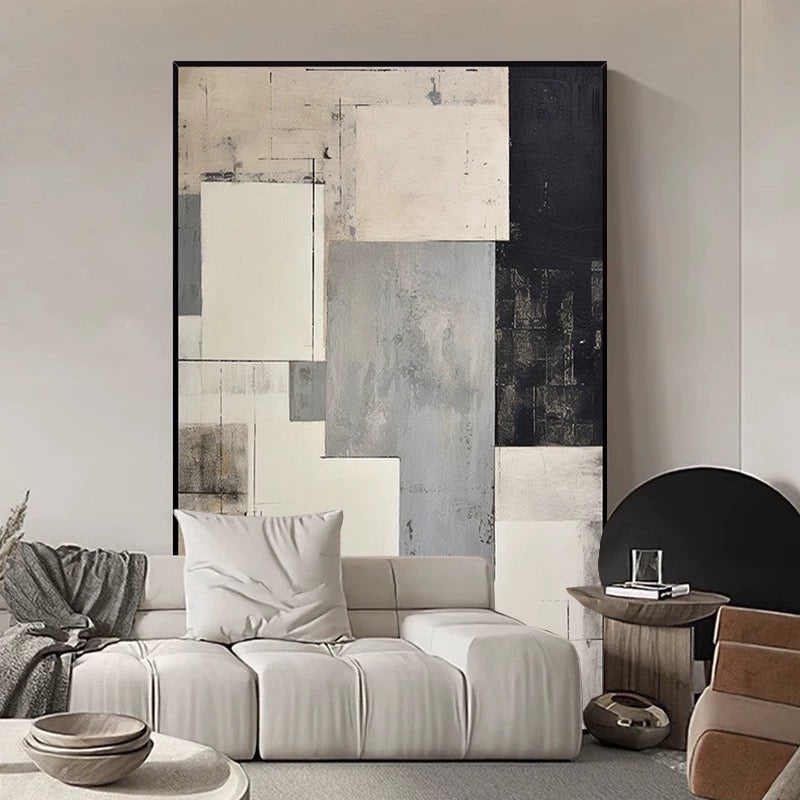 Modern Minimalist Grey Geometric Canvas Art - Hand Painting