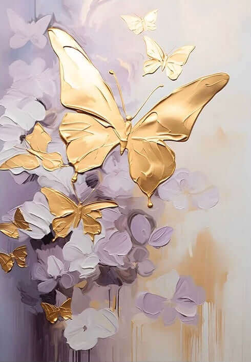Golden Wings artwork featuring elegant golden butterflies on a purple background, adding luxury to home decor.