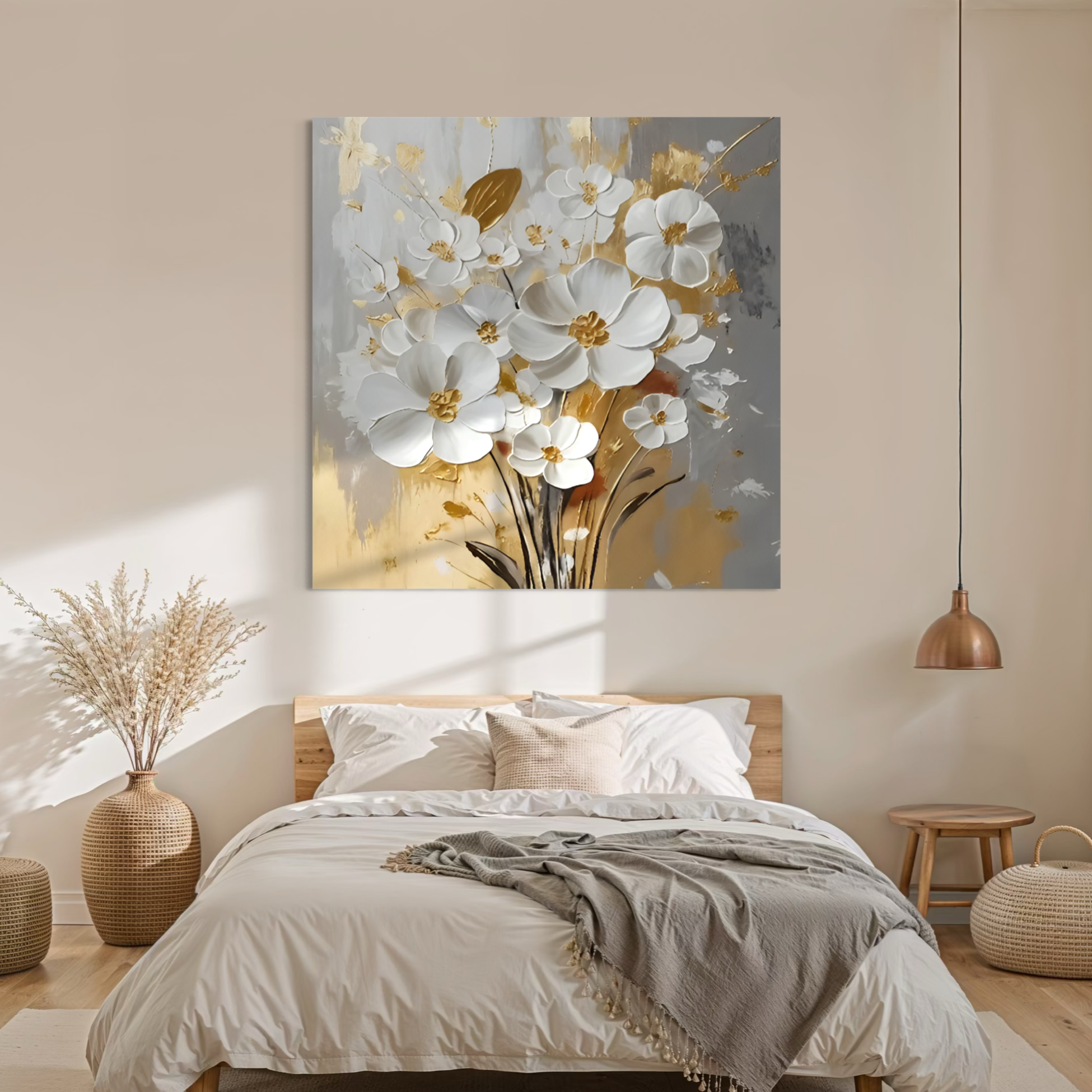 White Petals Drift Floral Canvas Painting - Hand Painting