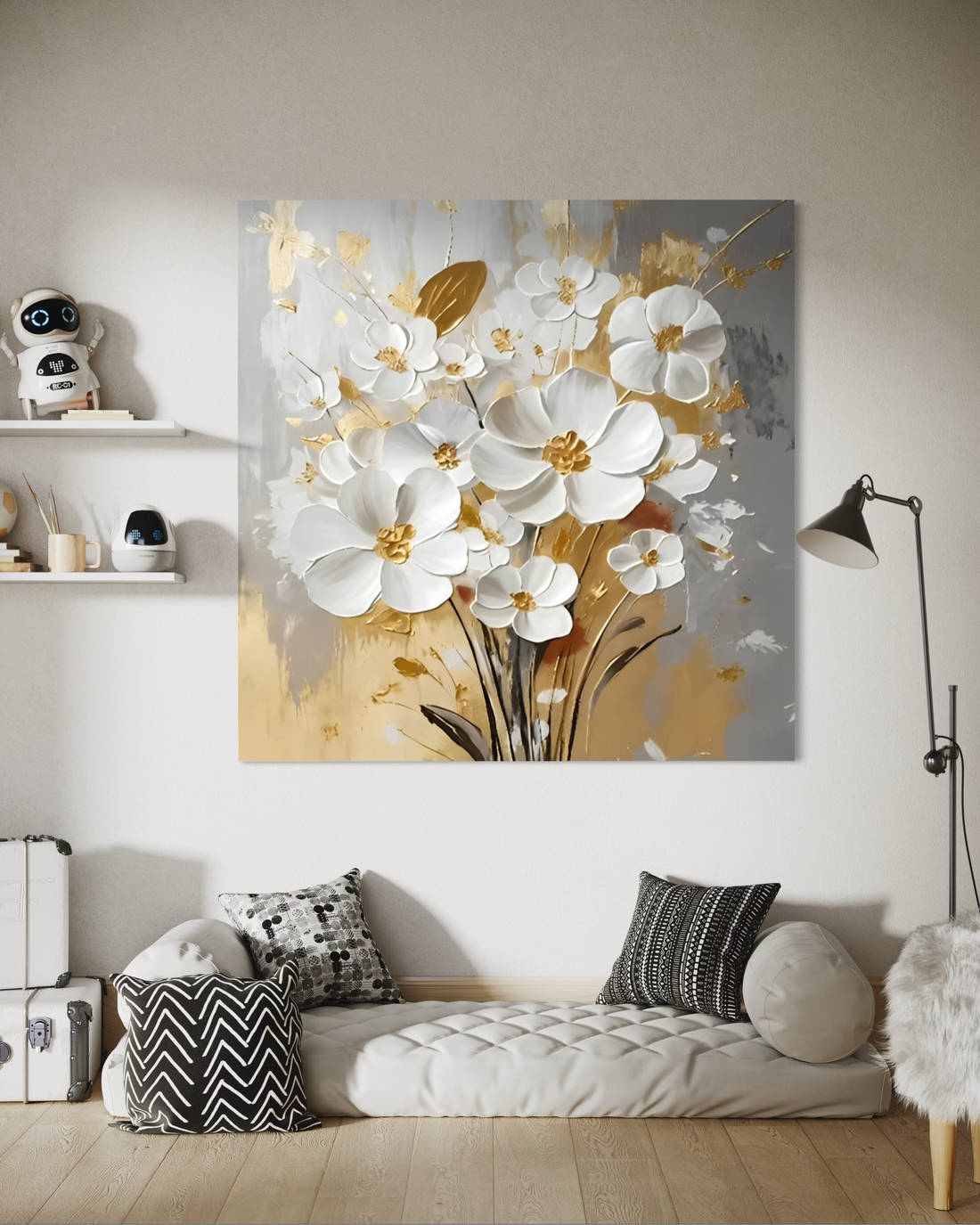 White Petals Drift Floral Canvas Painting