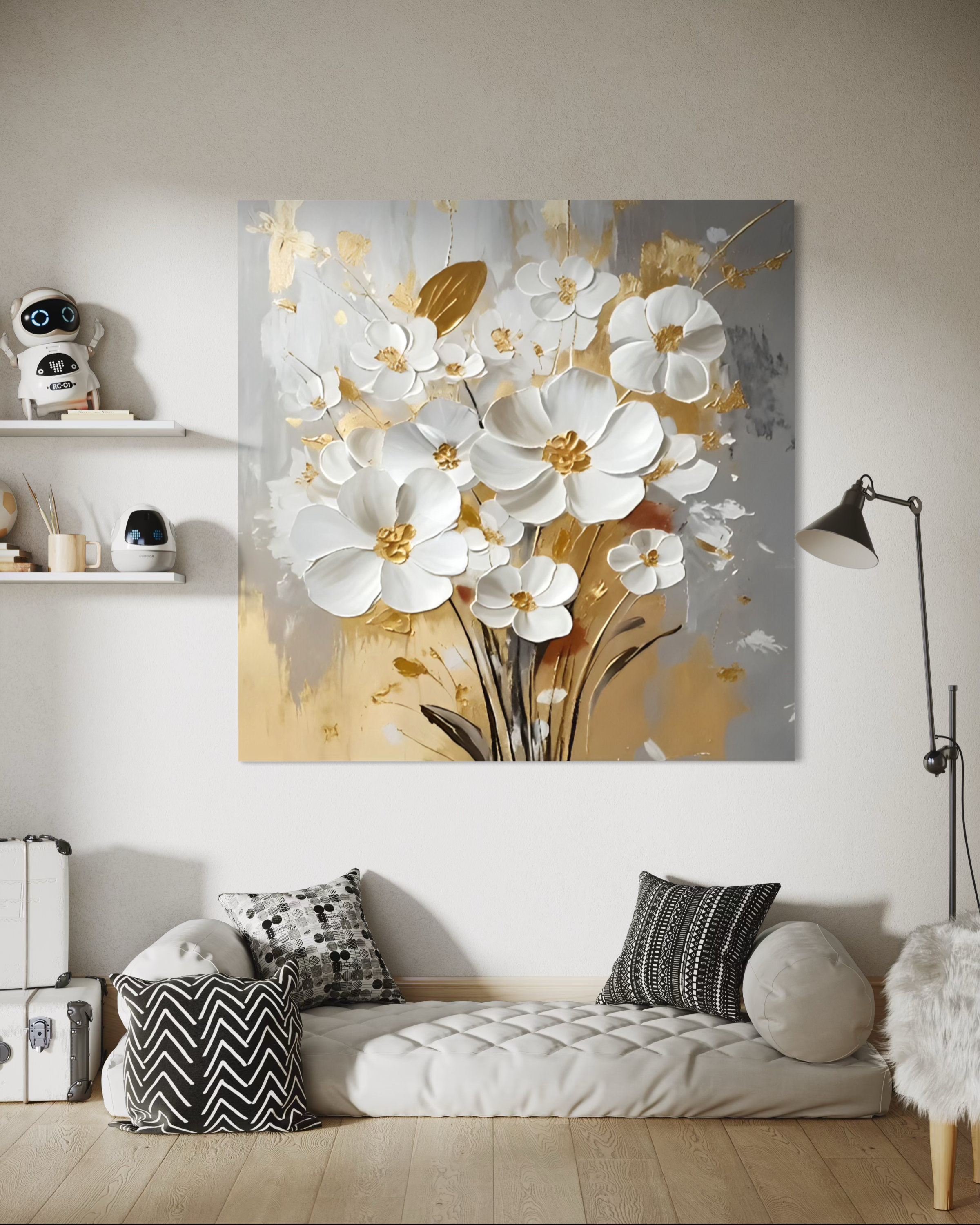 White Petals Drift Floral Canvas Painting