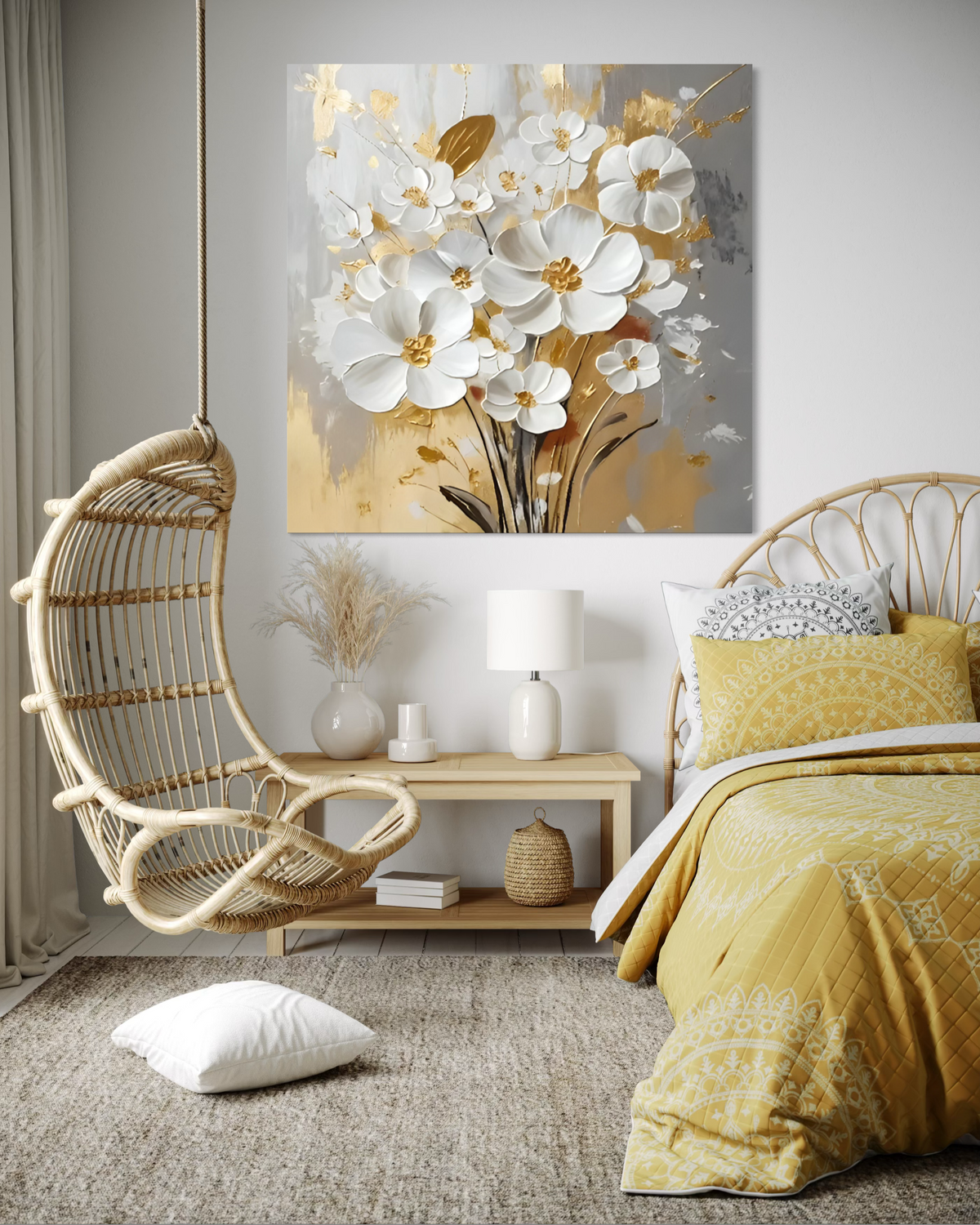 White Petals Drift Floral Canvas Painting - Hand Painting