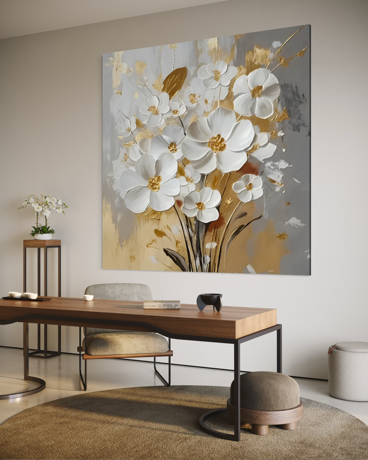 White Petals Drift Floral Canvas Painting - Hand Painting