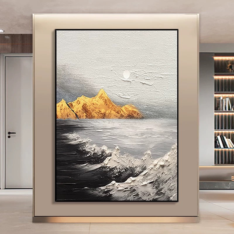 Landscape Black and White Golden Textured Oil Painting - Hand Painting