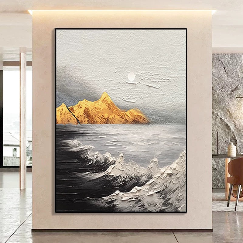 Landscape Black and White Golden Textured Oil Painting - Hand Painting