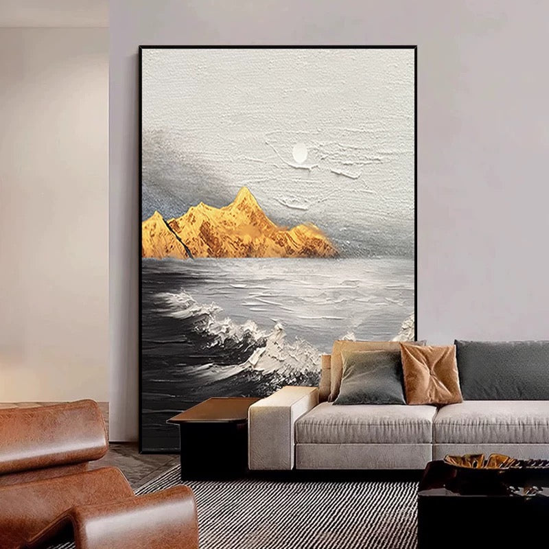 Landscape Black and White Golden Textured Oil Painting - Hand Painting