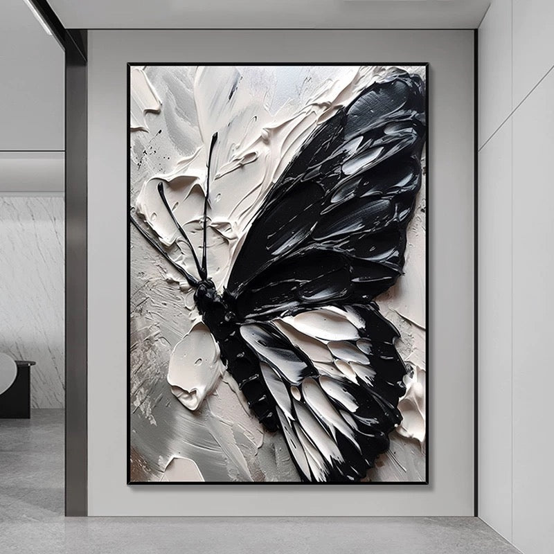 Black and White Butterfly Canvas Oil Painting with Texture