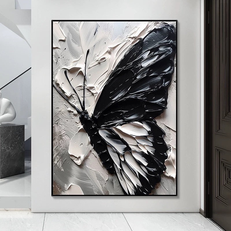 Black and White Butterfly Canvas Oil Painting with Texture
