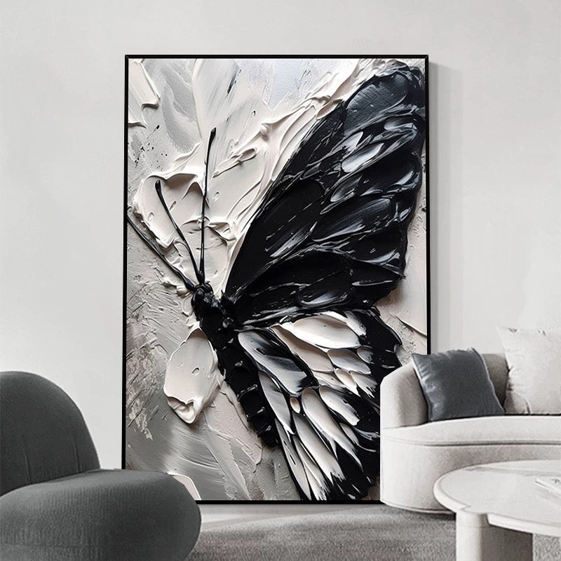 Black and White Butterfly Canvas Oil Painting with Texture