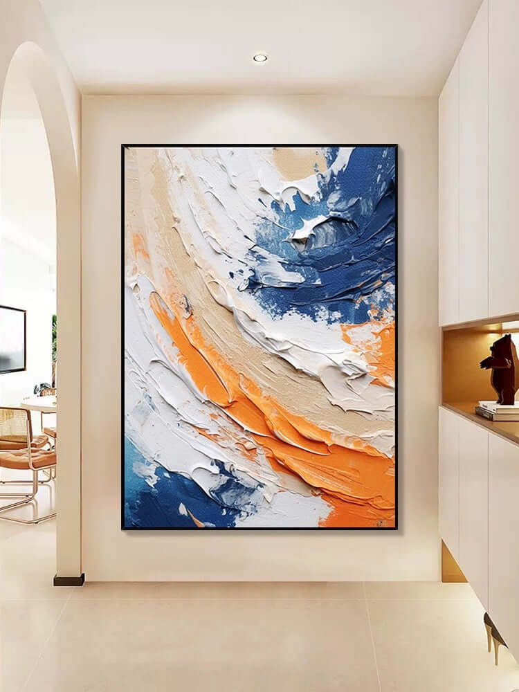 Arte de pared texturizado en azul y naranja
