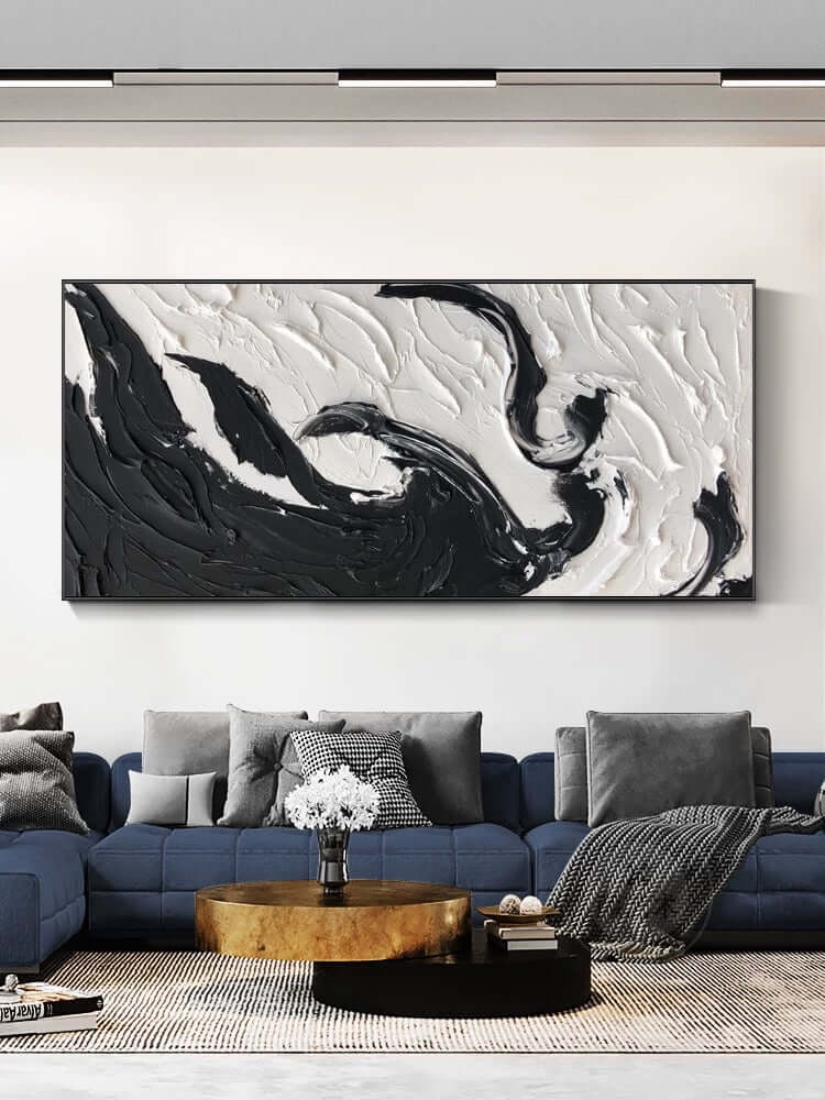 Schwarz-weiße strukturierte Wandkunst über der Couch