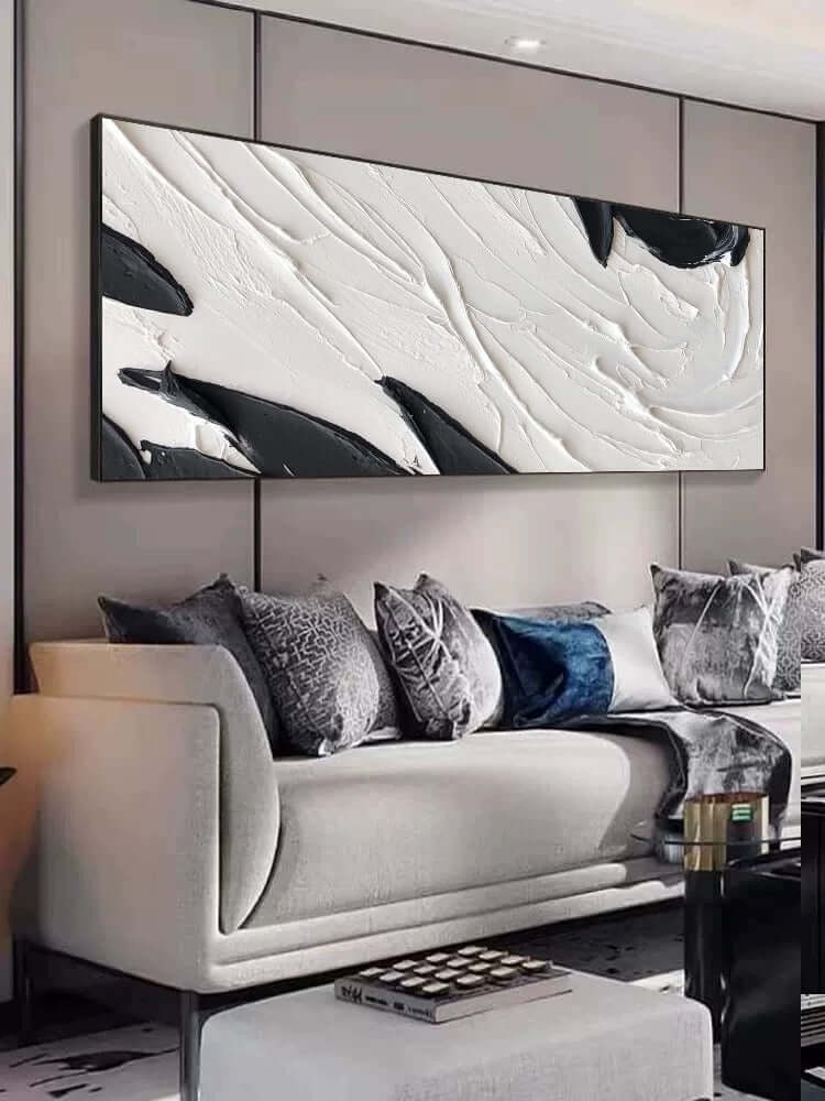 Black and White Textured Wall Art Above Sofa - Hand Painting