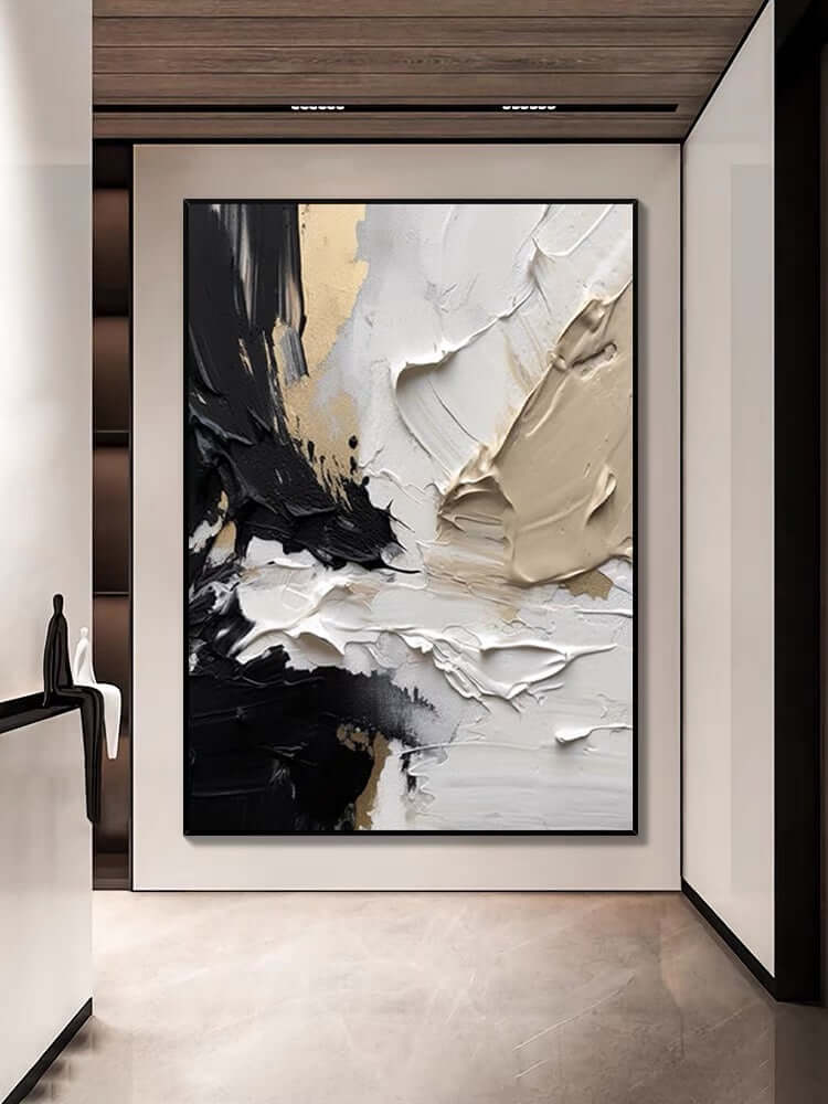 Caramel textured oil painting in a modern hallway, showcasing warm colors and elegant strokes.