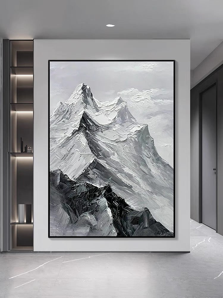 Schwarz-Weiß-Ölgemälde mit Bergstruktur