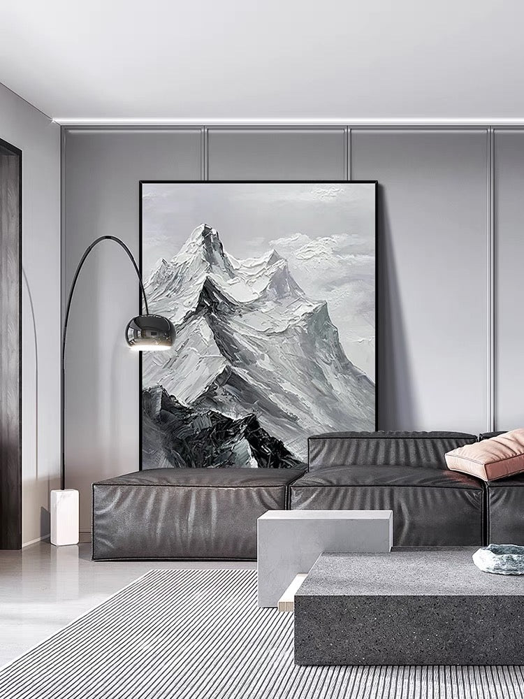 Pintura al óleo texturizada de montaña en blanco y negro Comprar todo