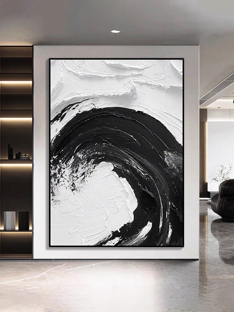 Black and White Waves Textured Oil Painting - Hand Painting