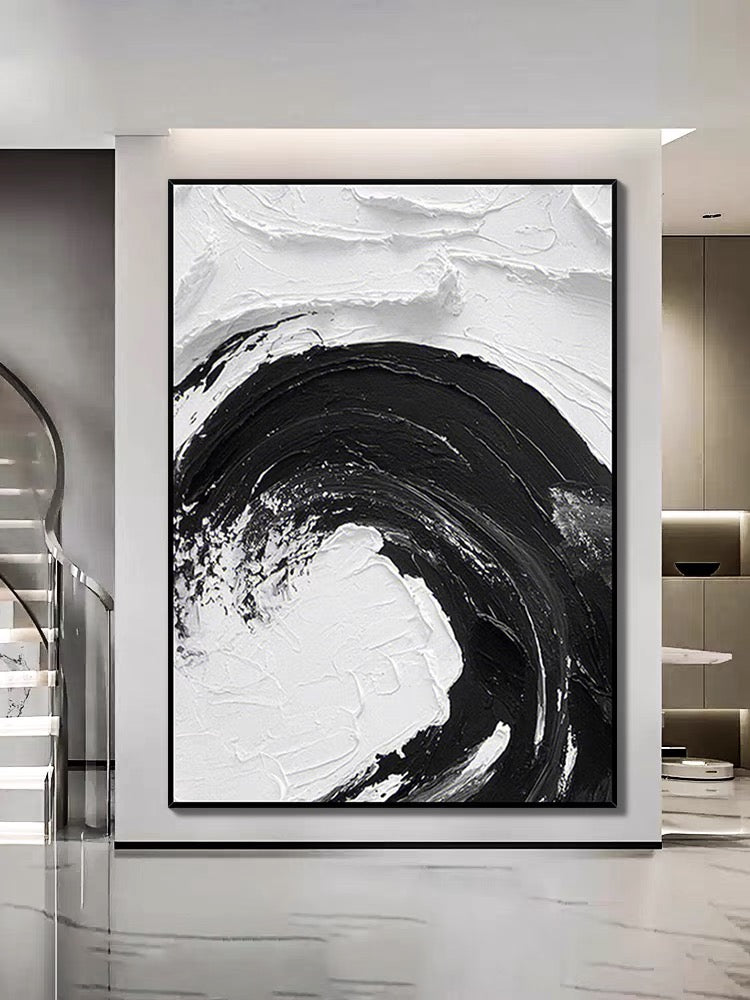 Pintura al óleo texturizada con ondas en blanco y negro