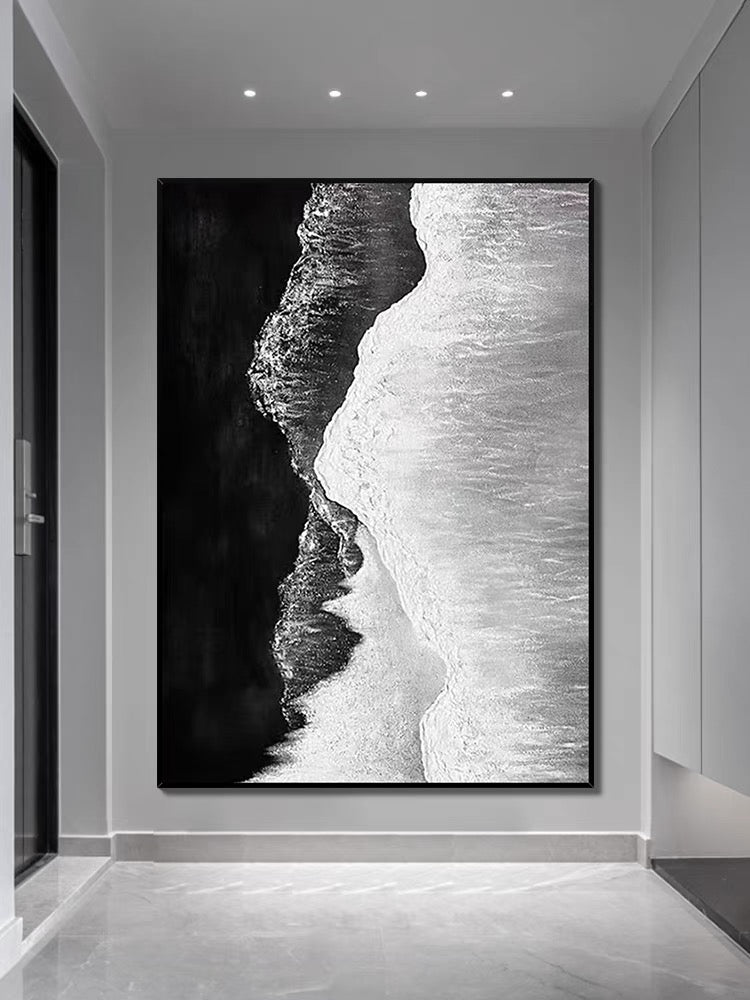 Pintura al óleo con textura de costa en blanco y negro