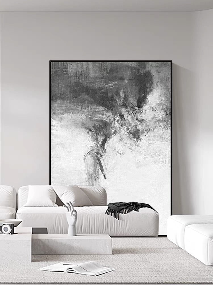 Dipinto ad olio astratto grigio e bianco