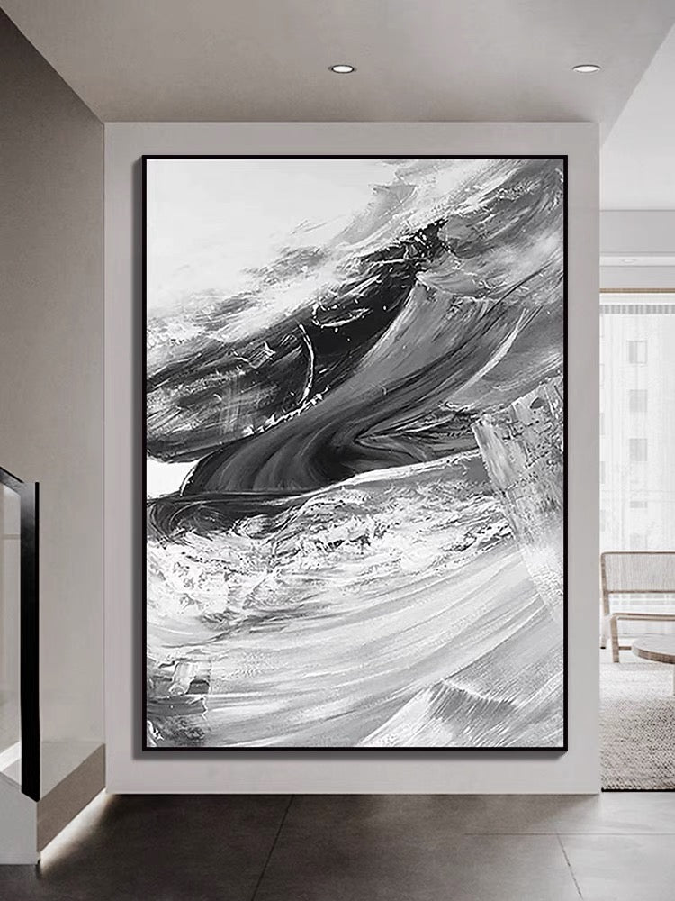 Pintura al óleo con pinceladas grises y blancas