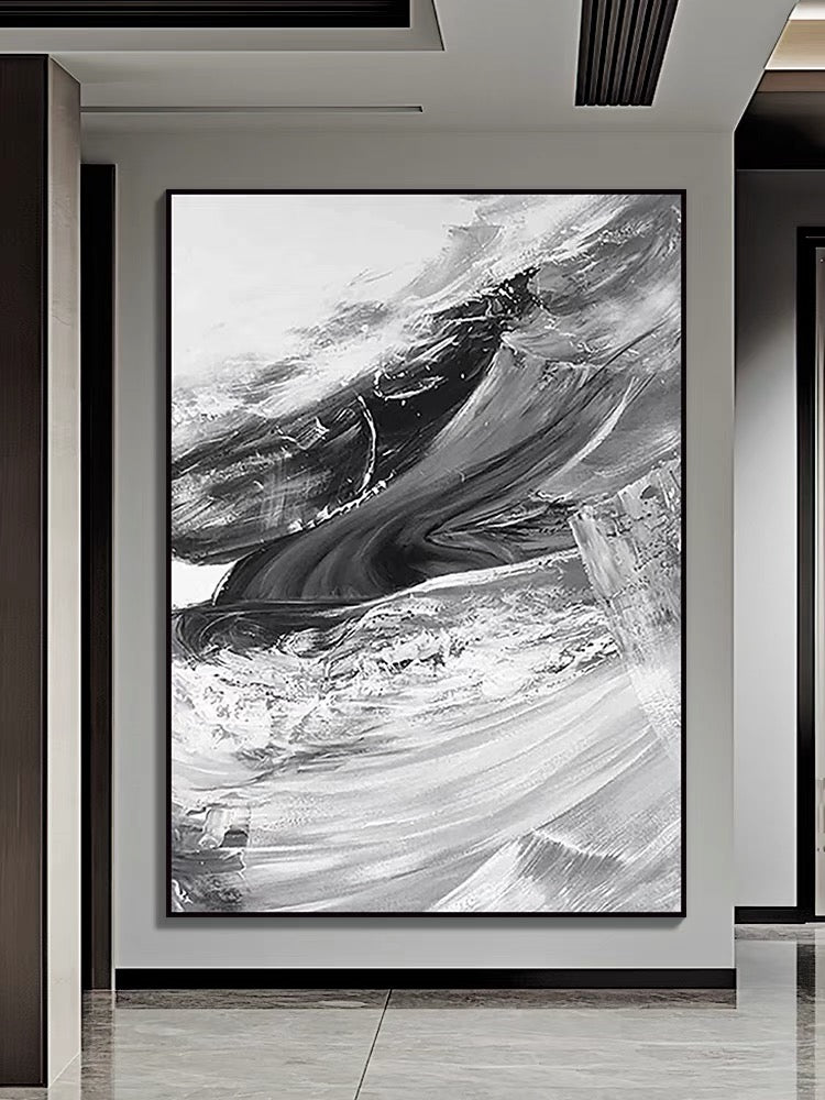 Pintura al óleo con pinceladas grises y blancas