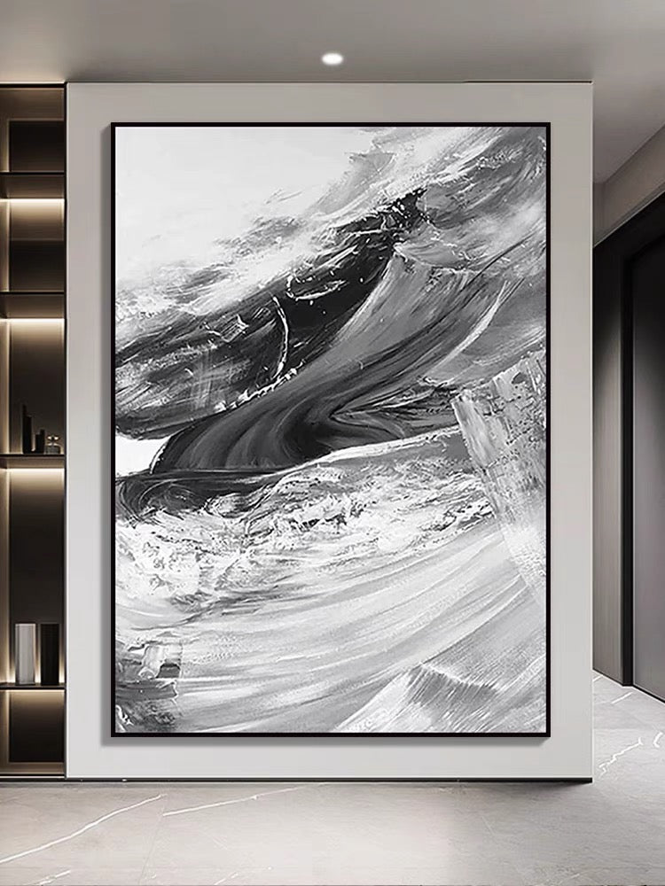 Pintura al óleo con pinceladas grises y blancas