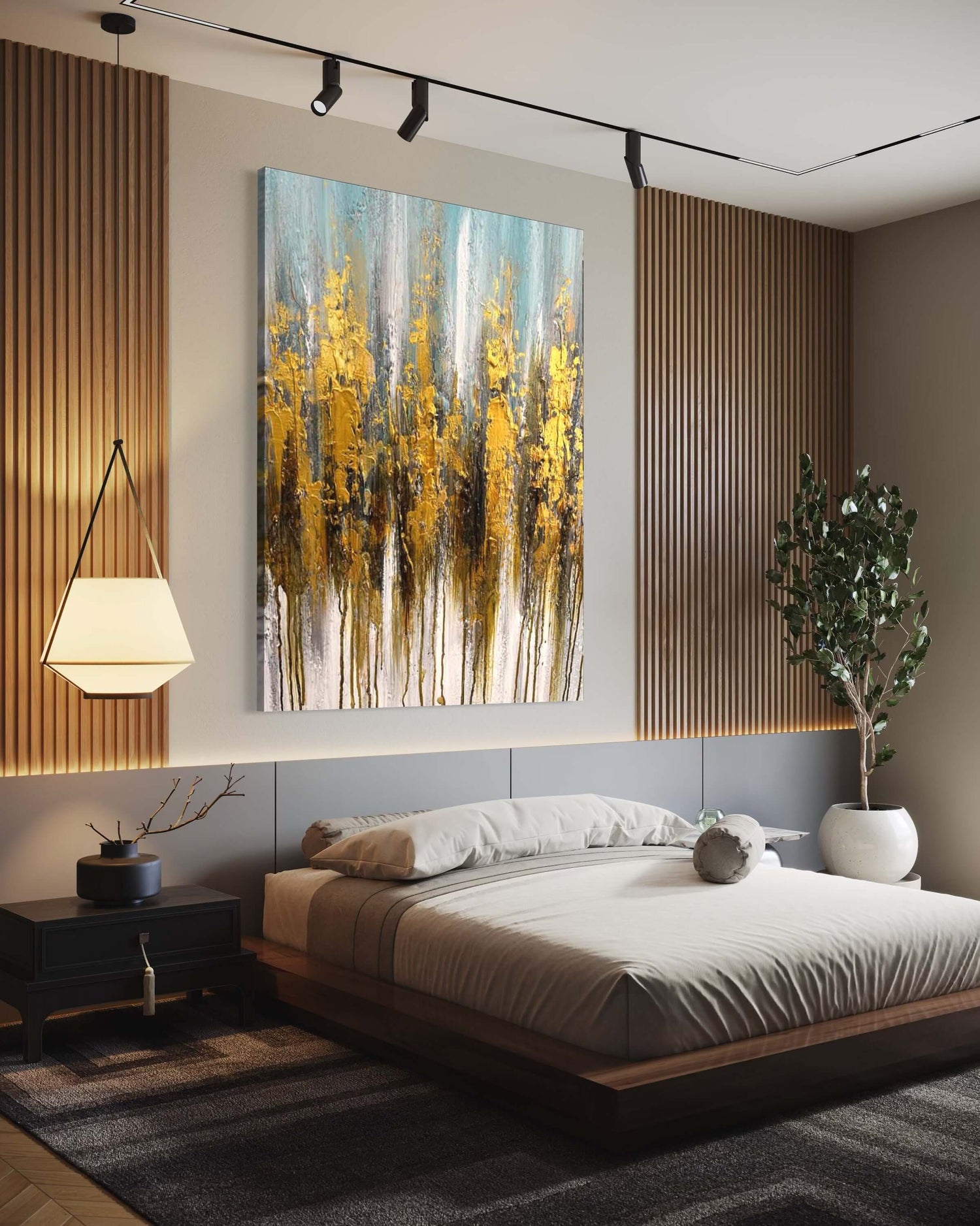 Hand-painted wall art featuring golden trees, enhancing a modern bedroom decor by Kline Collective®. Lounge Wall Art