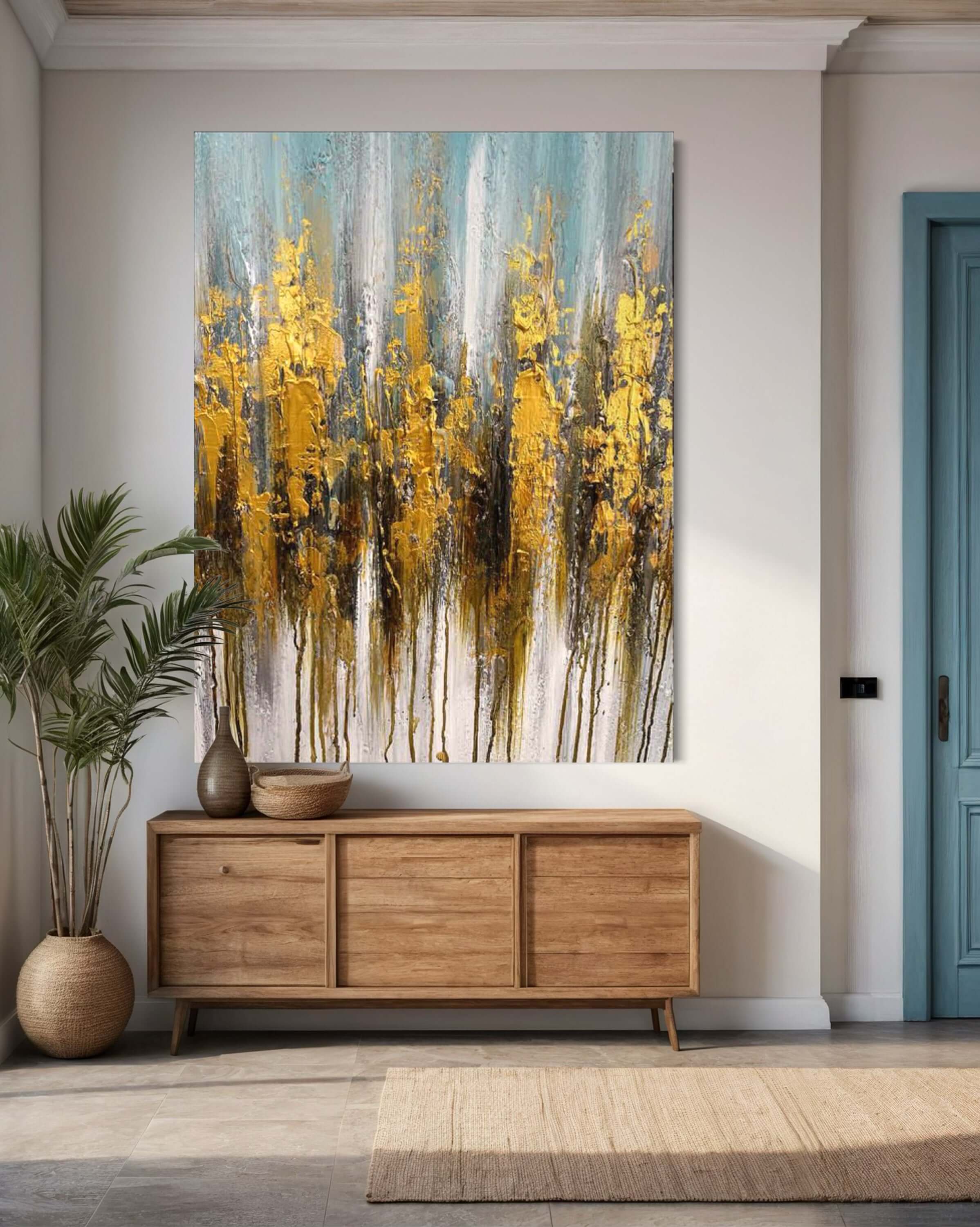 Hand-painted wall art featuring vibrant yellow and blue tones, enhancing home decor with style and elegance.