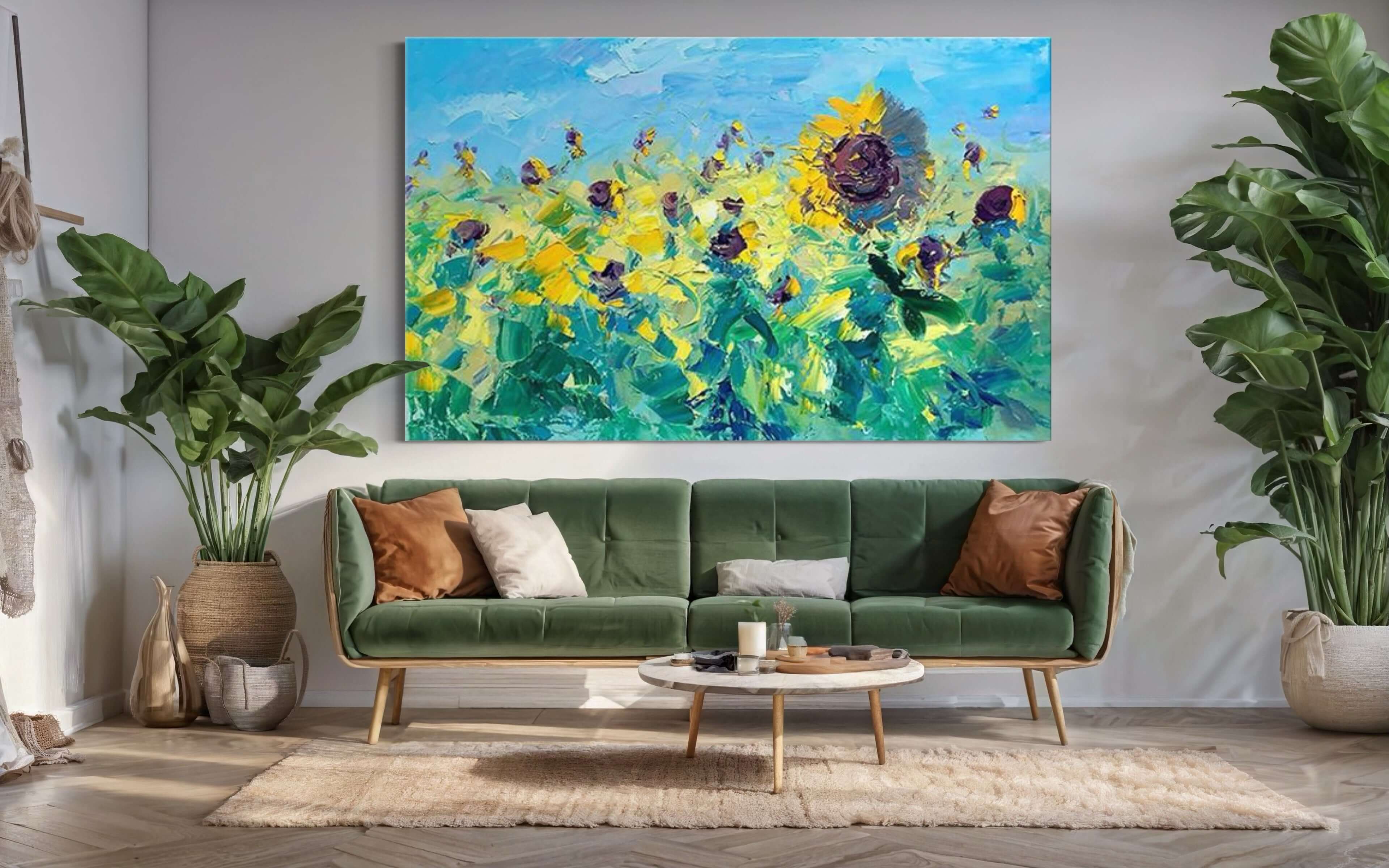 Vibrant hand-painted sunflower wall art by Kline Collective, enhancing modern living room decor with color and vitality.