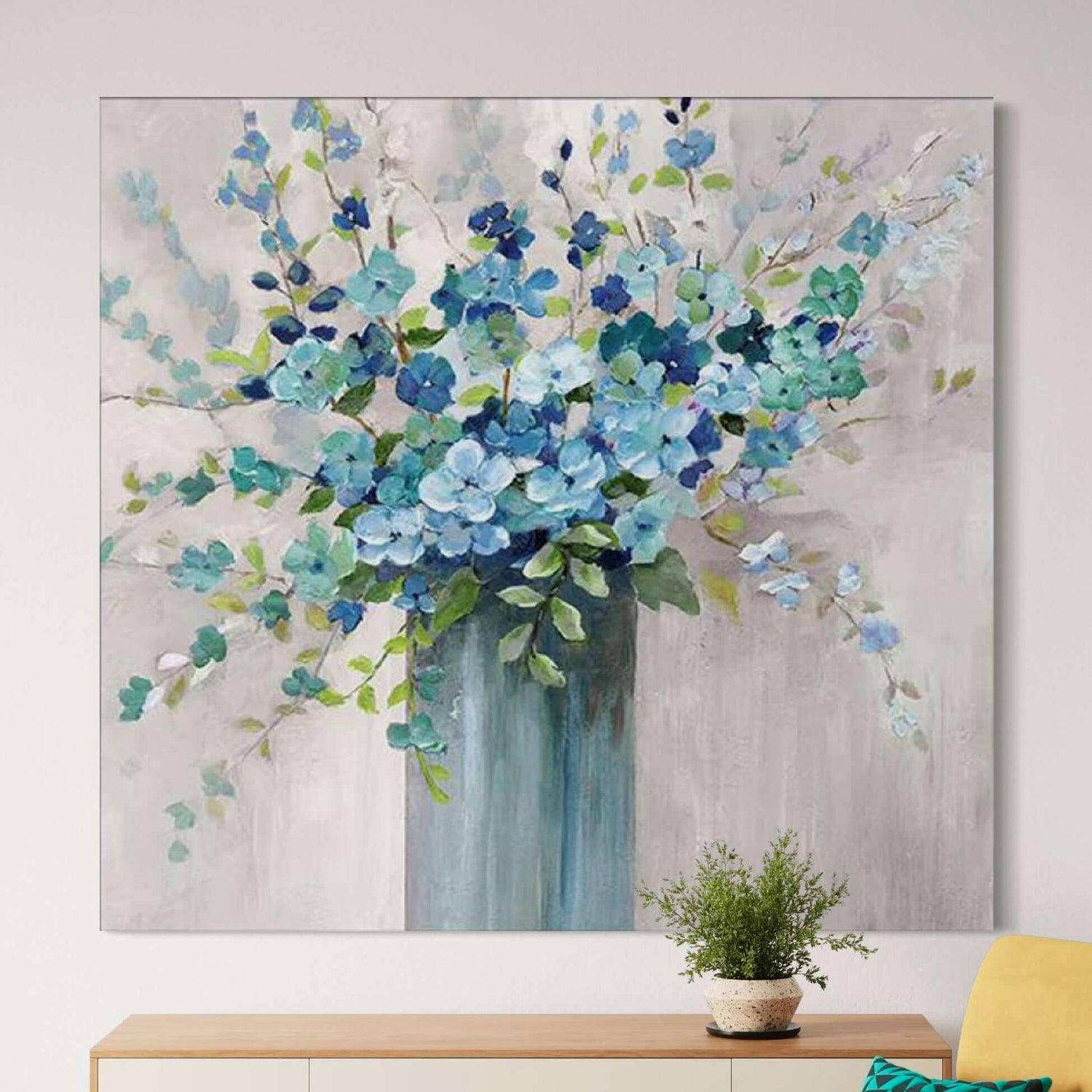 Hand-painted wall art featuring blue floral arrangement in vase, perfect for home decor by Kline Collective. Nuovi arrivi