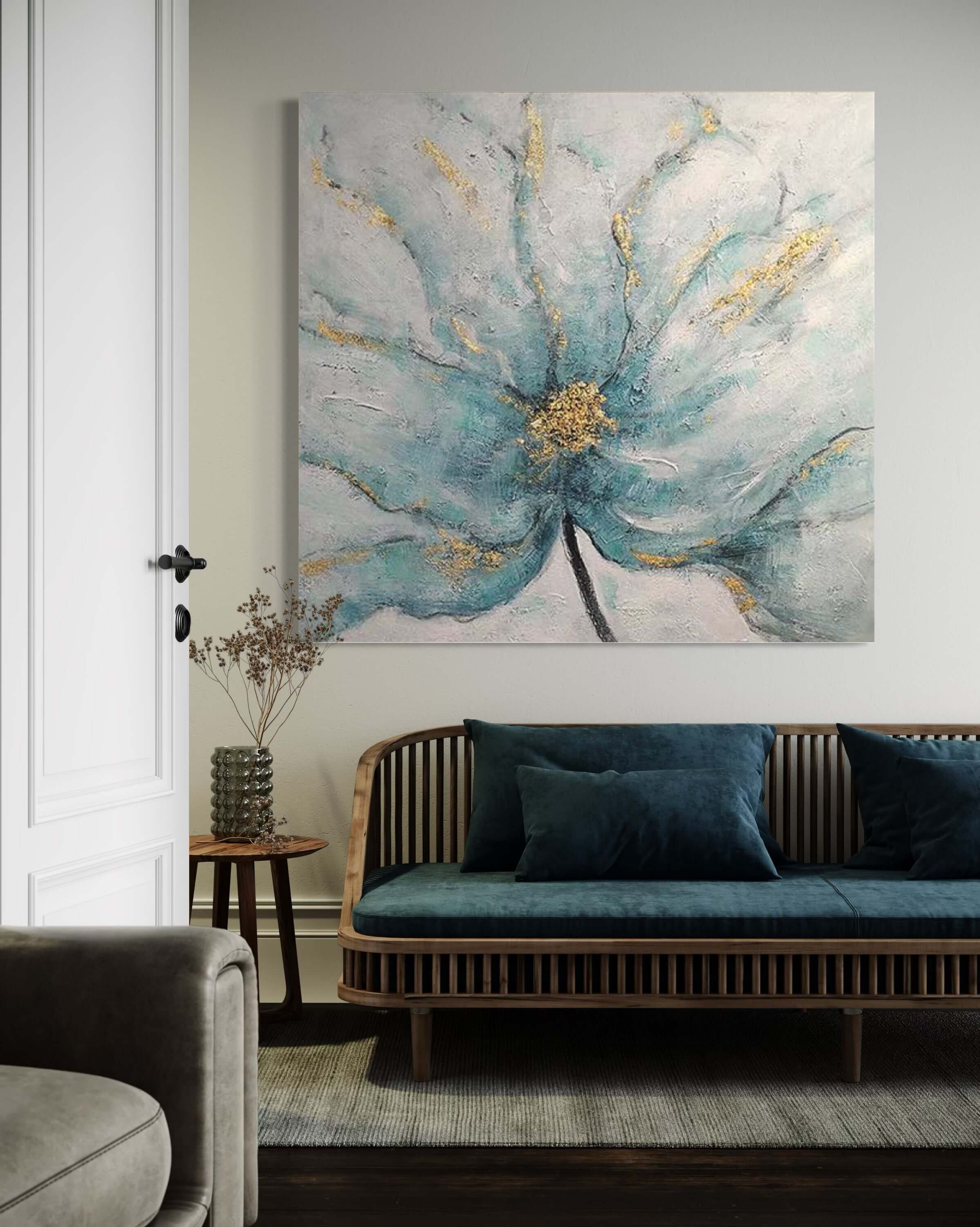 Elegant abstract flower painting with gold accents in a serene living room setting.