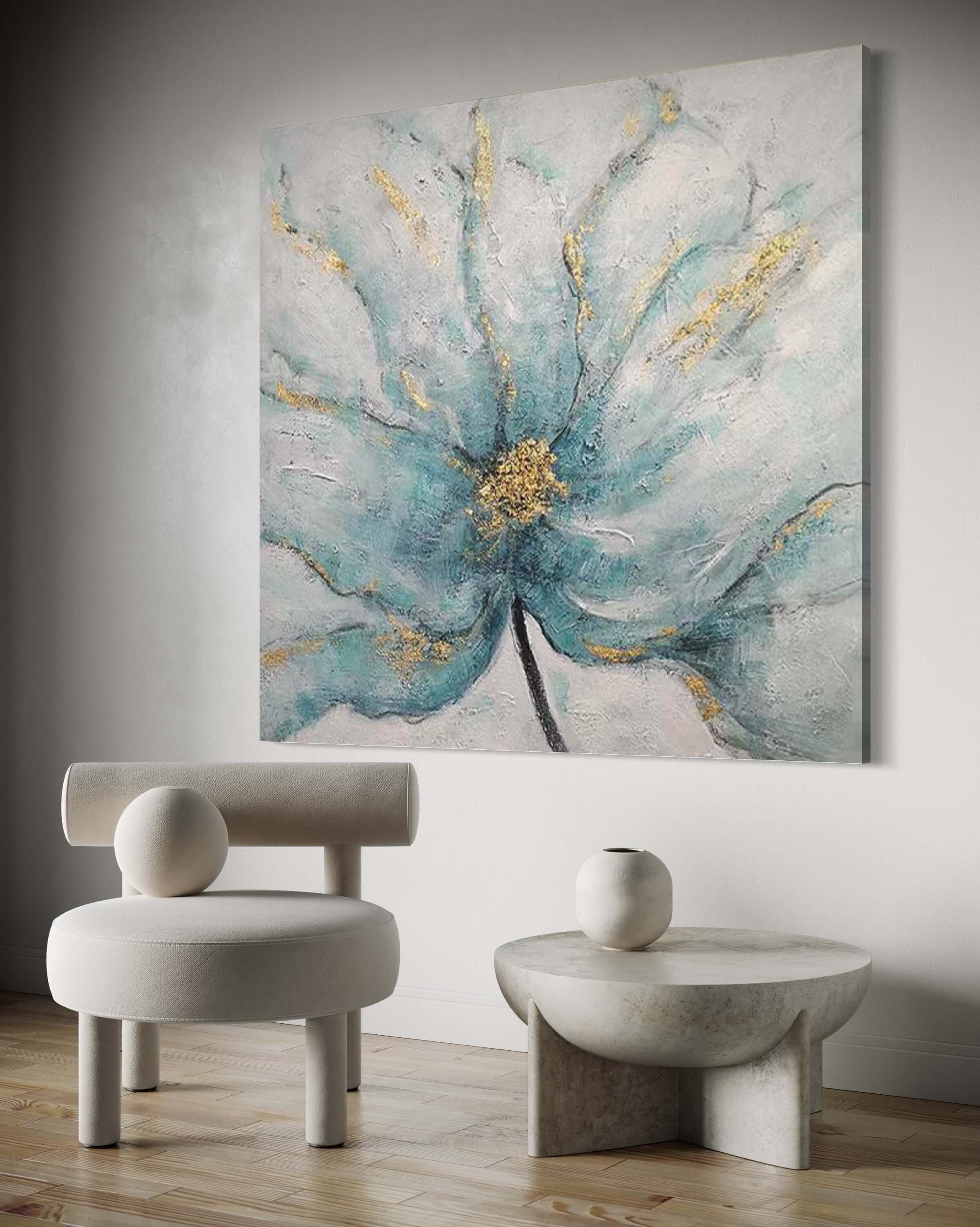 Dreamy artwork of a delicate blue flower with gold accents enhancing elegance in a modern interior setting.