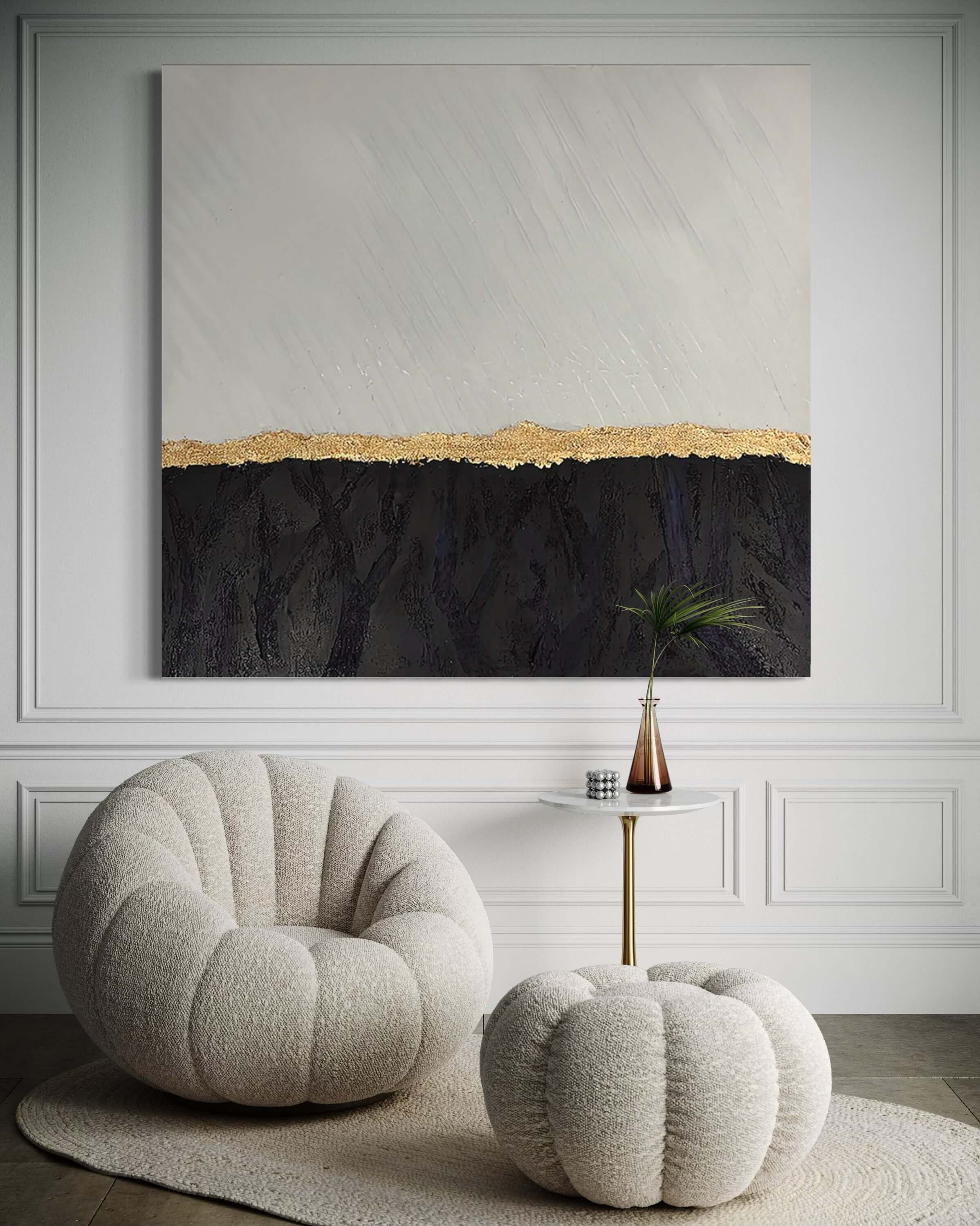 Black luxury wall art with gold accents, framed and ready to hang, enhancing modern home decor.