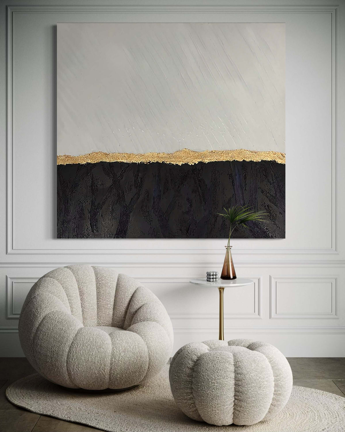 Black luxury wall art with gold accents, framed and ready to hang, enhancing modern home decor.
