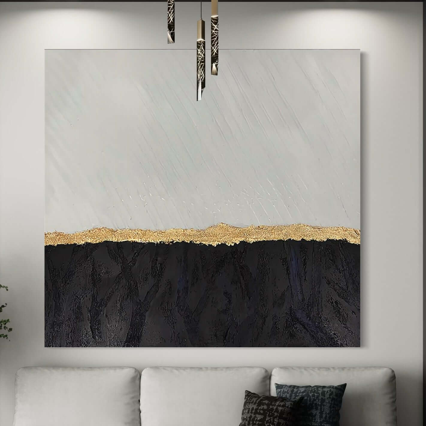 Hand-painted black luxury wall art with gold accents by Kline Collective, perfect for modern home decor.