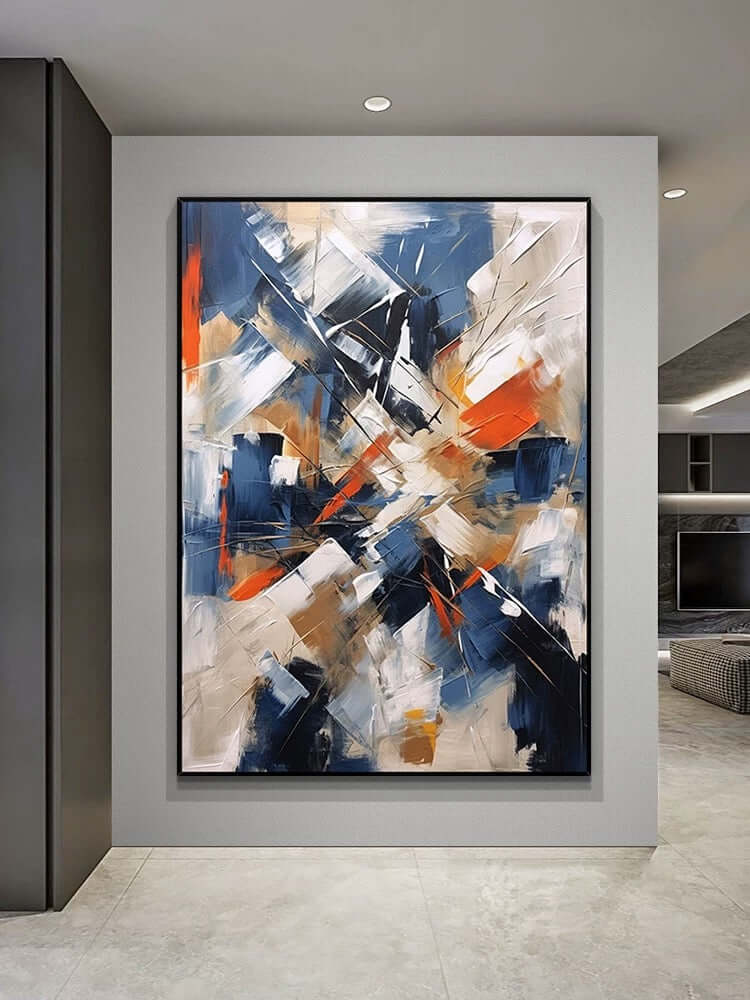 Arte mural con cuchillos de colores azul y naranja